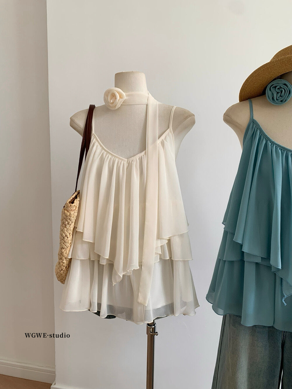 WGWE Soft Asymmetrical Floral Strap Top with Flowing Tie