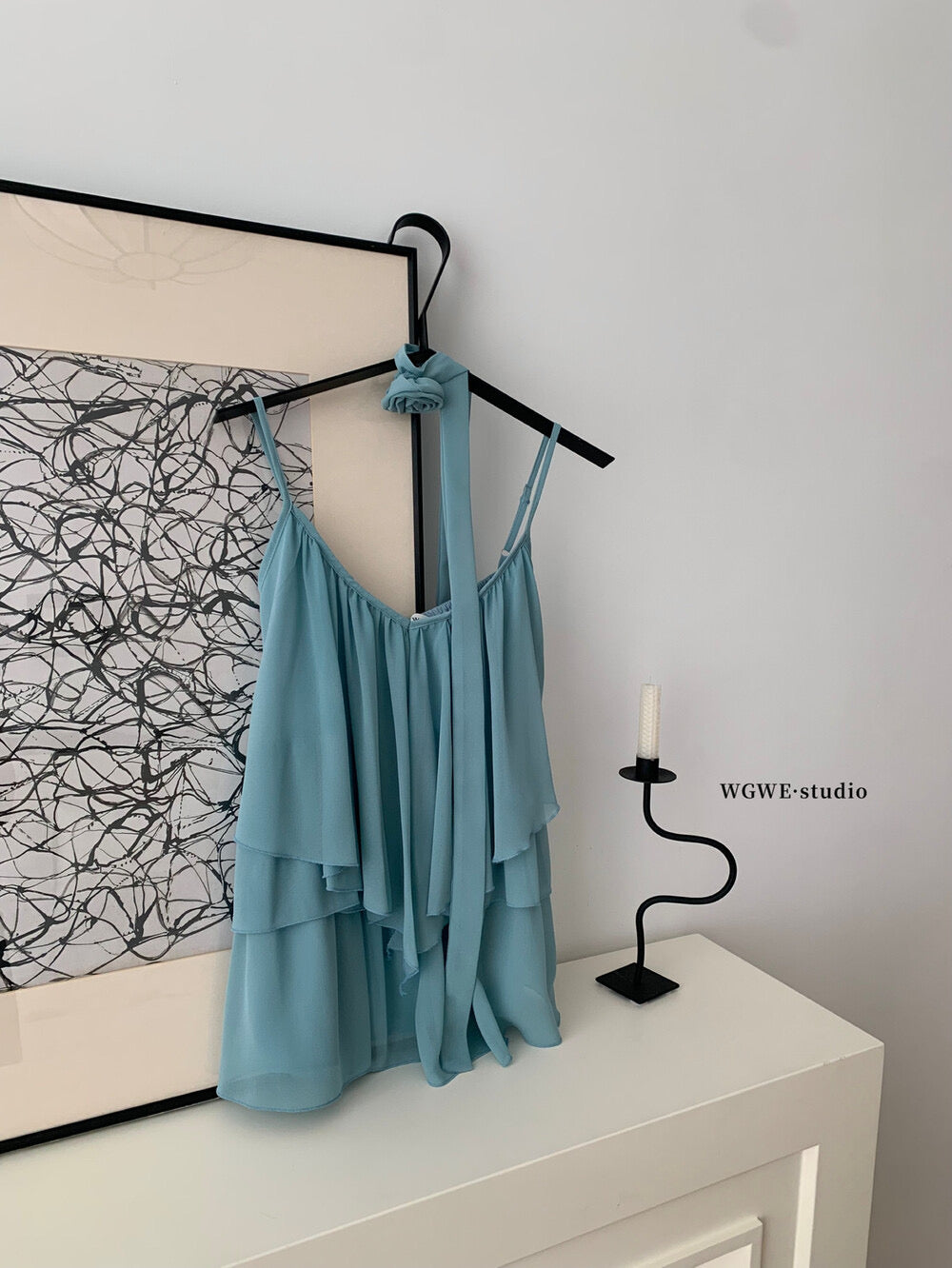 WGWE Soft Asymmetrical Floral Strap Top with Flowing Tie