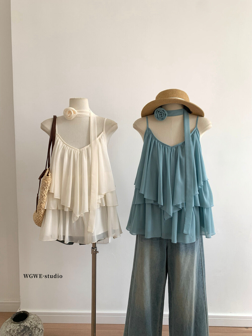 WGWE Soft Asymmetrical Floral Strap Top with Flowing Tie