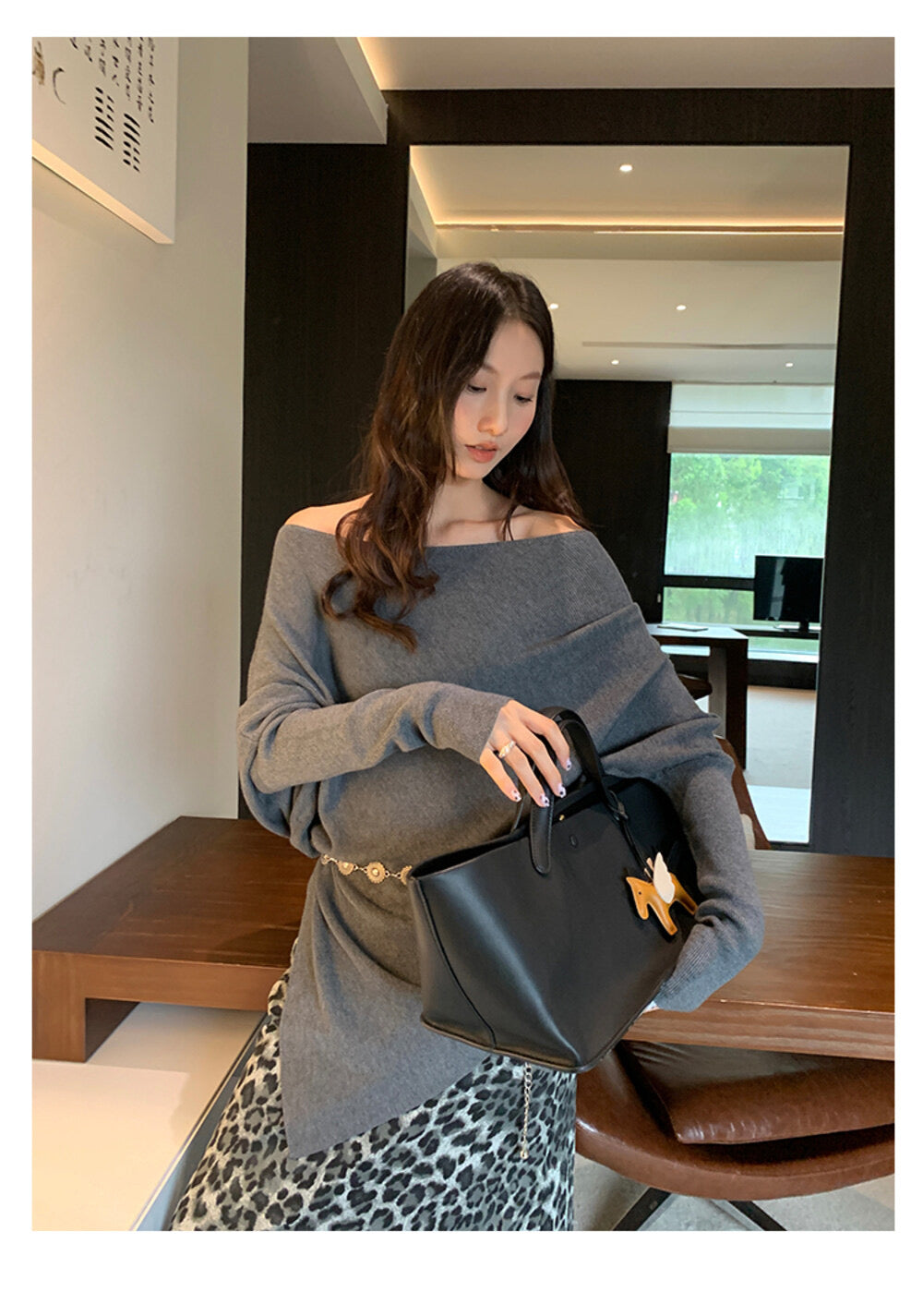 AIXILI Asymmetrical Off-Shoulder Knit Sweater with Waist Tie (wool)