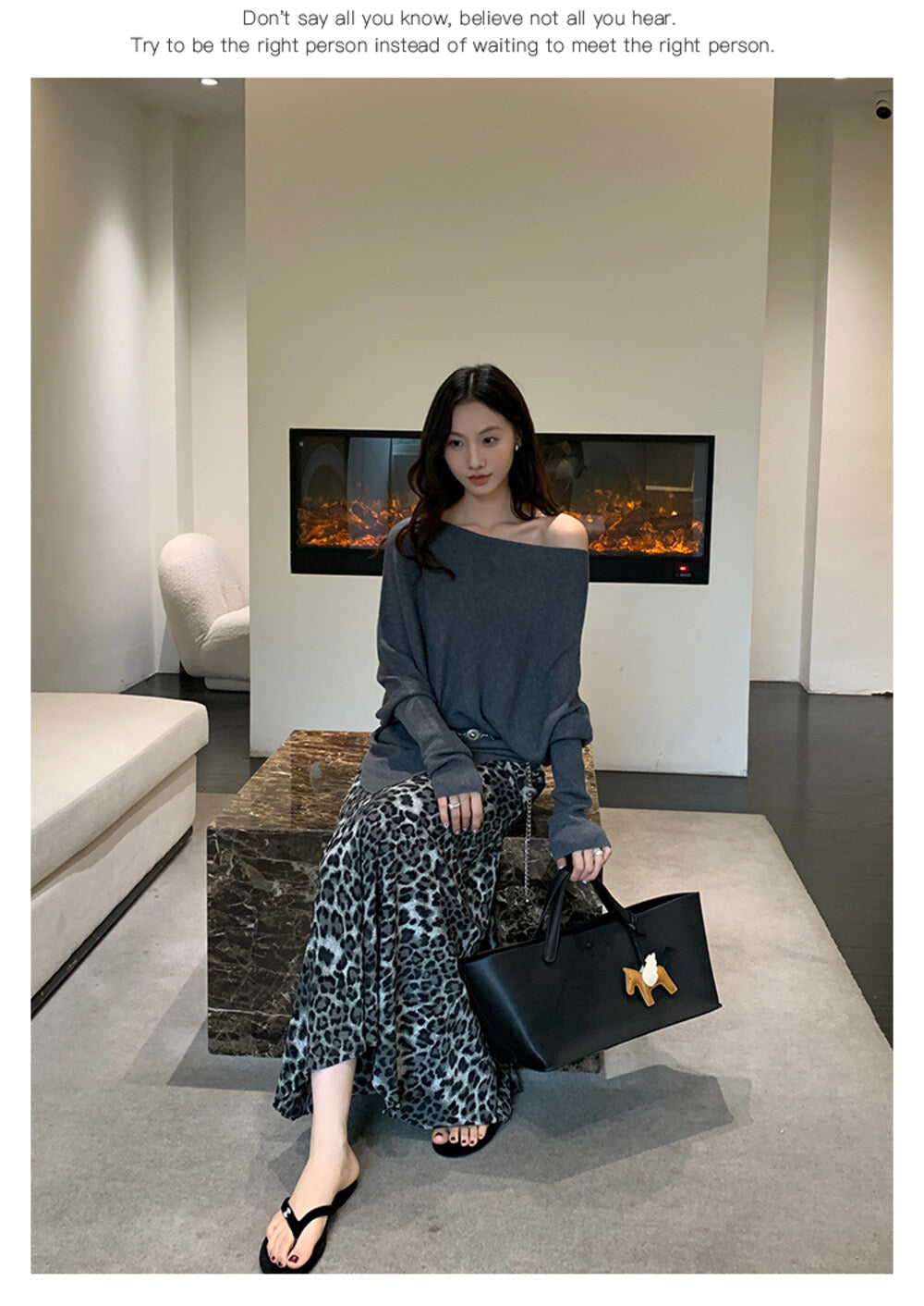 AIXILI Asymmetrical Off-Shoulder Knit Sweater with Waist Tie (wool)