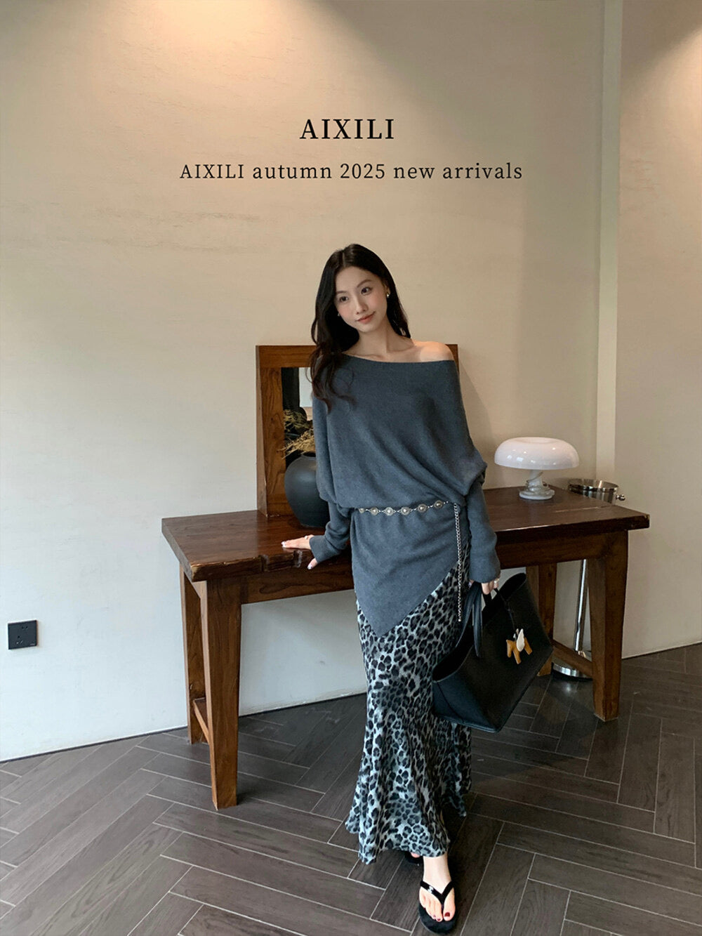 AIXILI Asymmetrical Off-Shoulder Knit Sweater with Waist Tie (wool)