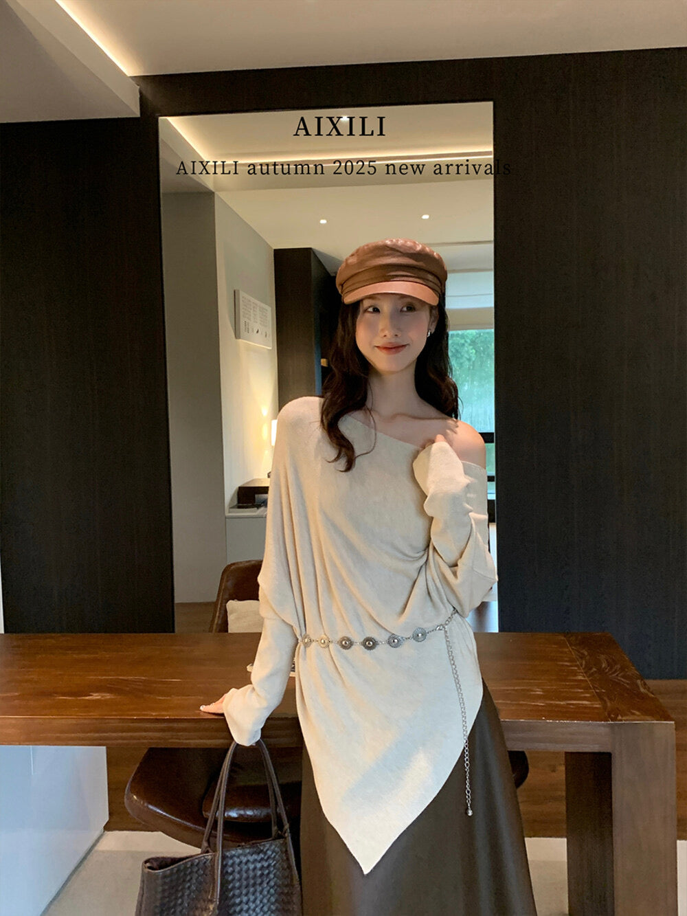 AIXILI Asymmetrical Off-Shoulder Knit Sweater with Waist Tie (wool)