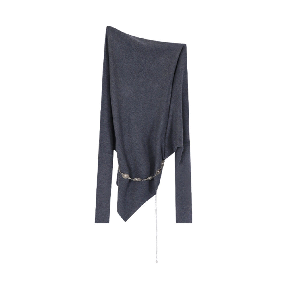 AIXILI Asymmetrical Off-Shoulder Knit Sweater with Waist Tie (wool)