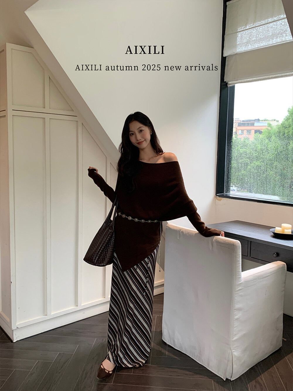 AIXILI Asymmetrical Off-Shoulder Knit Sweater with Waist Tie (wool)
