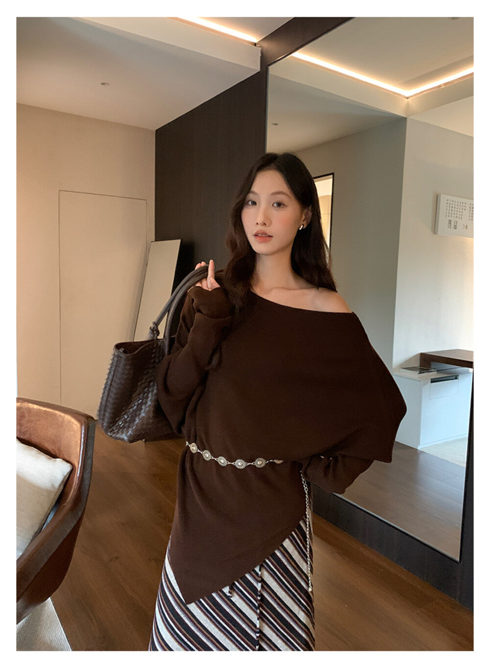 AIXILI Asymmetrical Off-Shoulder Knit Sweater with Waist Tie (wool)