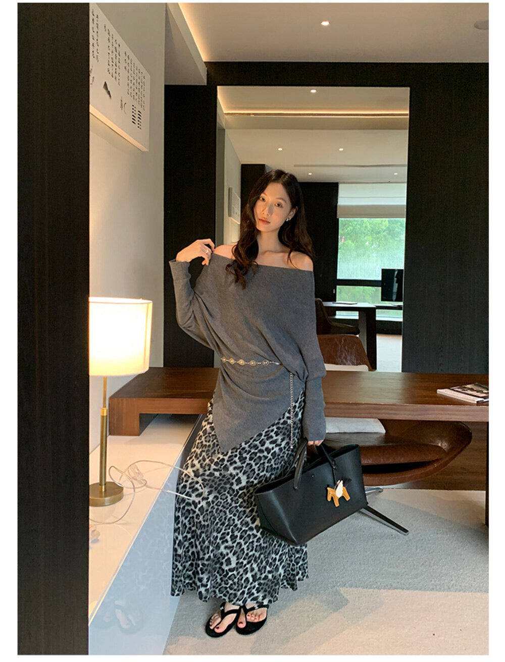 AIXILI Asymmetrical Off-Shoulder Knit Sweater with Waist Tie (wool)