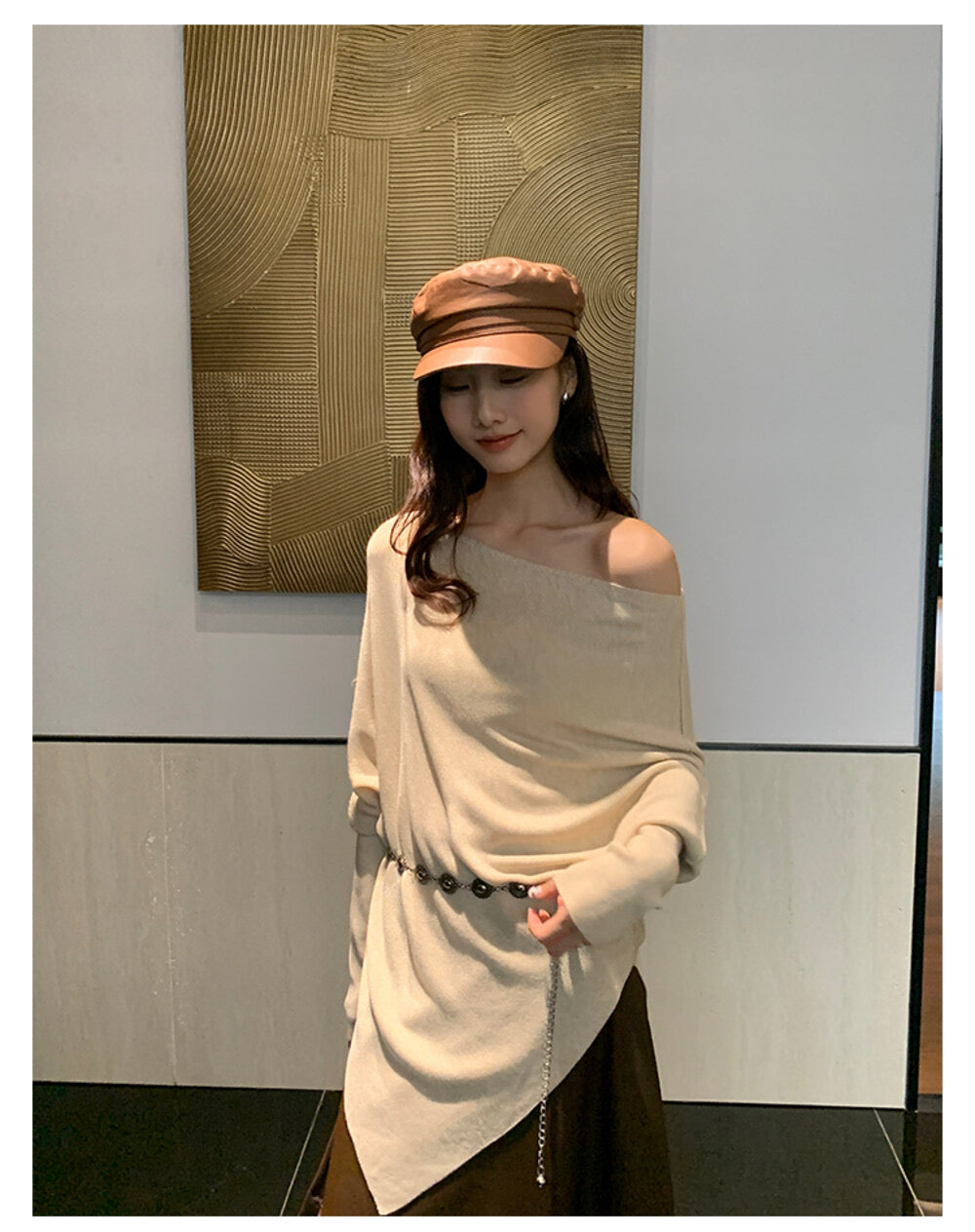 AIXILI Asymmetrical Off-Shoulder Knit Sweater with Waist Tie (wool)