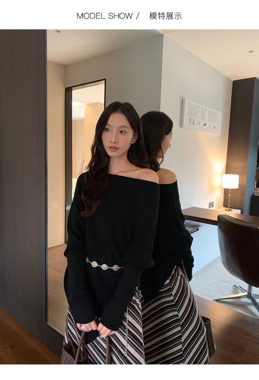 AIXILI Asymmetrical Off-Shoulder Knit Sweater with Waist Tie (wool)
