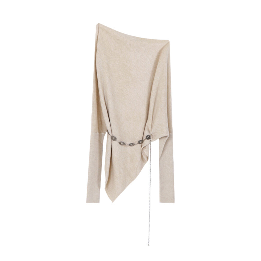 AIXILI Asymmetrical Off-Shoulder Knit Sweater with Waist Tie (wool)
