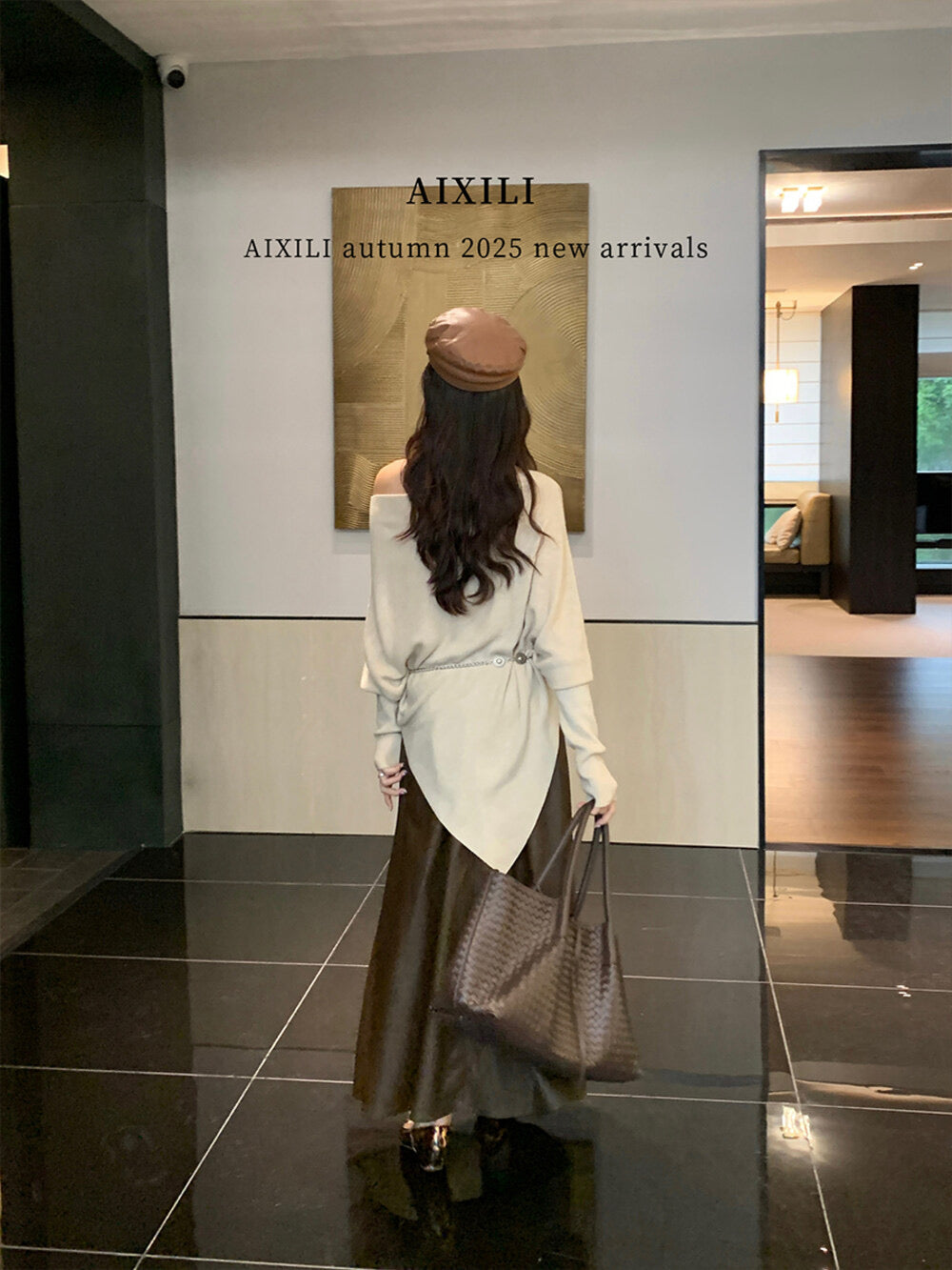 AIXILI Asymmetrical Off-Shoulder Knit Sweater with Waist Tie (wool)