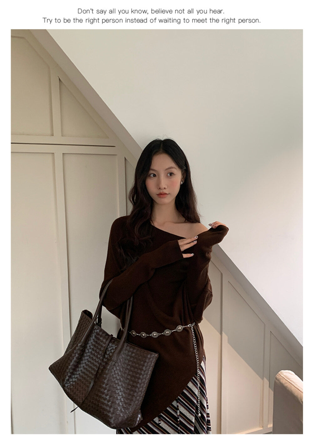 AIXILI Asymmetrical Off-Shoulder Knit Sweater with Waist Tie (wool)