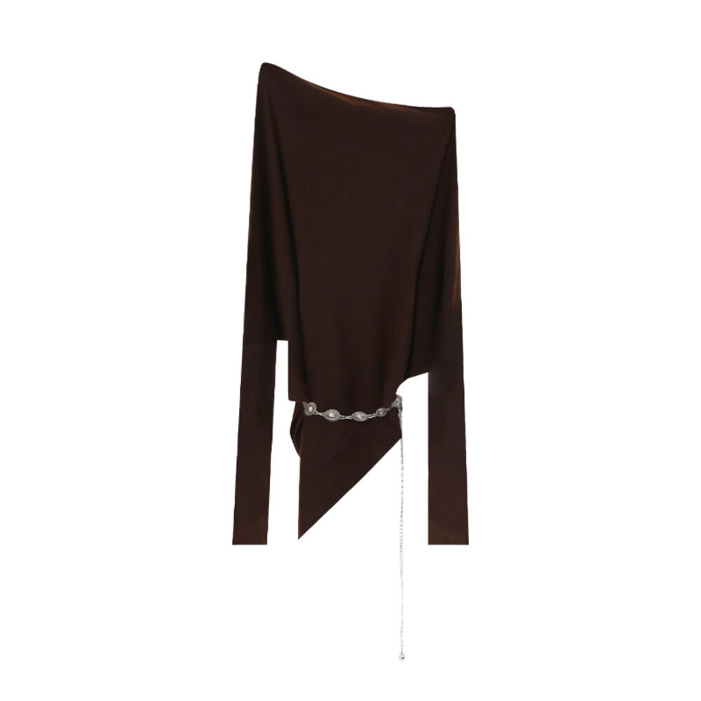 AIXILI Asymmetrical Off-Shoulder Knit Sweater with Waist Tie (wool)