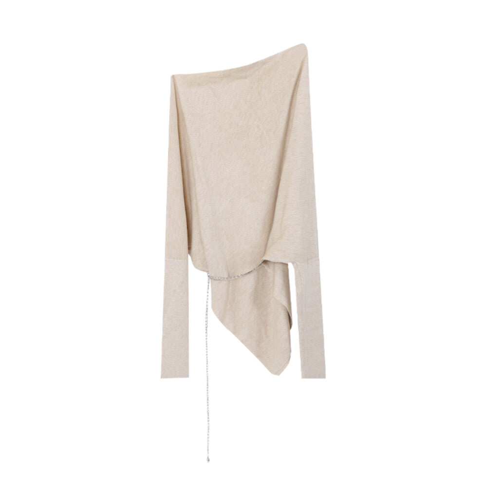 AIXILI Asymmetrical Off-Shoulder Knit Sweater with Waist Tie (wool)