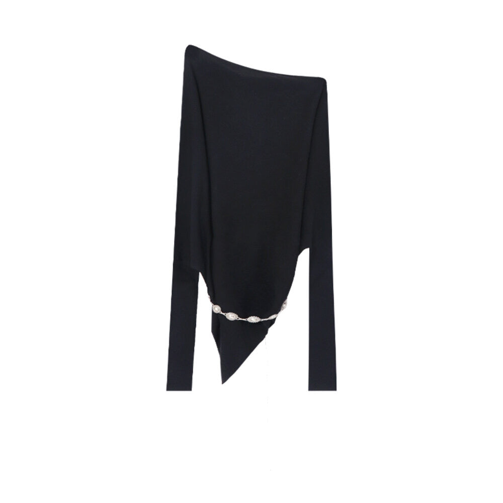 AIXILI Asymmetrical Off-Shoulder Knit Sweater with Waist Tie (wool)