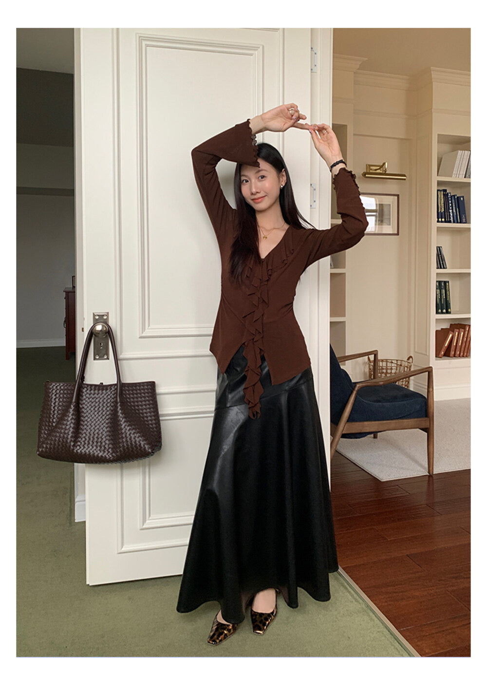 AIXILI V-Neck Asymmetrical Ruffle Sheer Knit Top