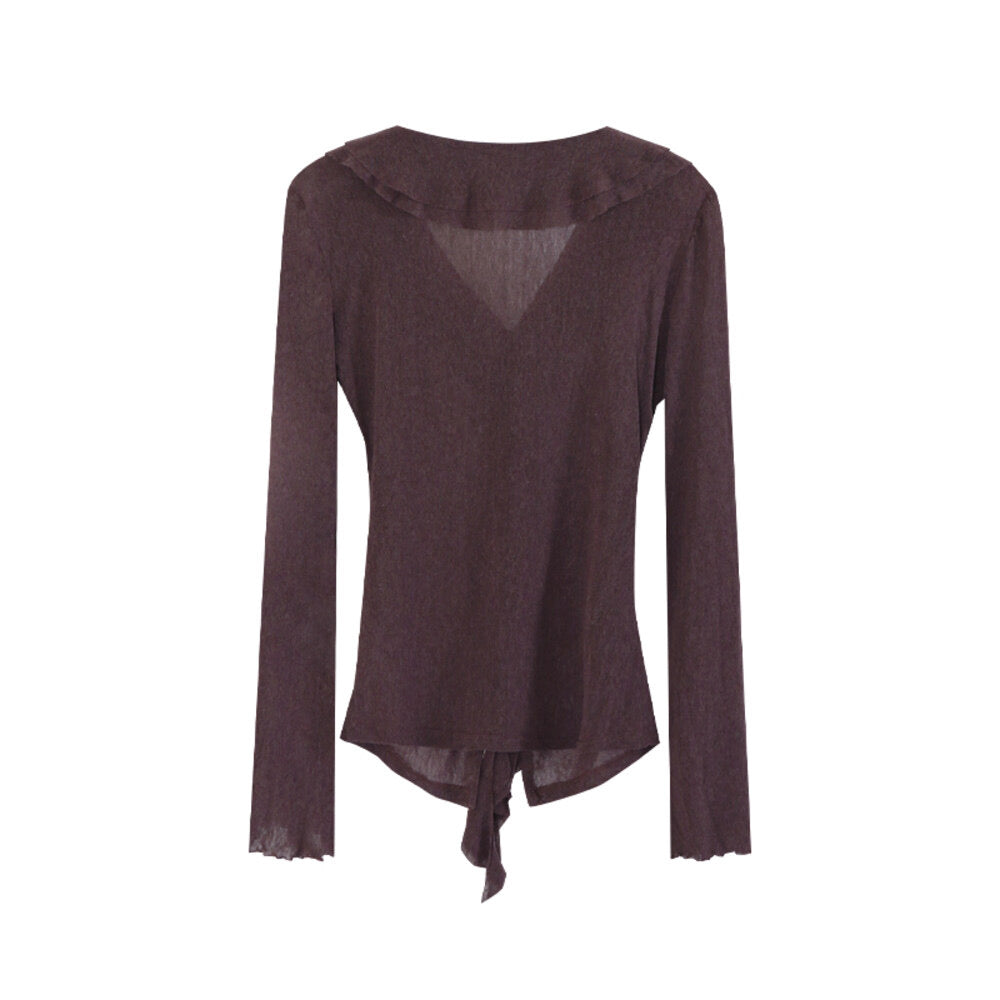 AIXILI V-Neck Asymmetrical Ruffle Sheer Knit Top