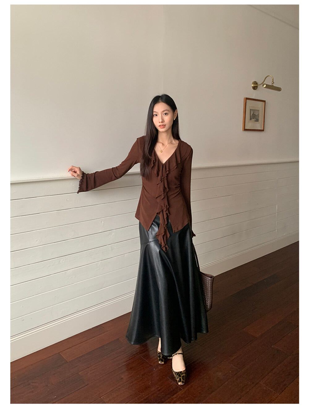 AIXILI V-Neck Asymmetrical Ruffle Sheer Knit Top