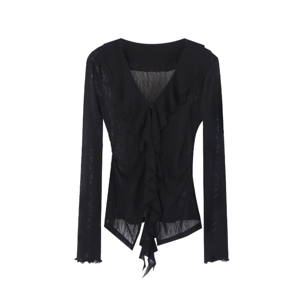 AIXILI V-Neck Asymmetrical Ruffle Sheer Knit Top