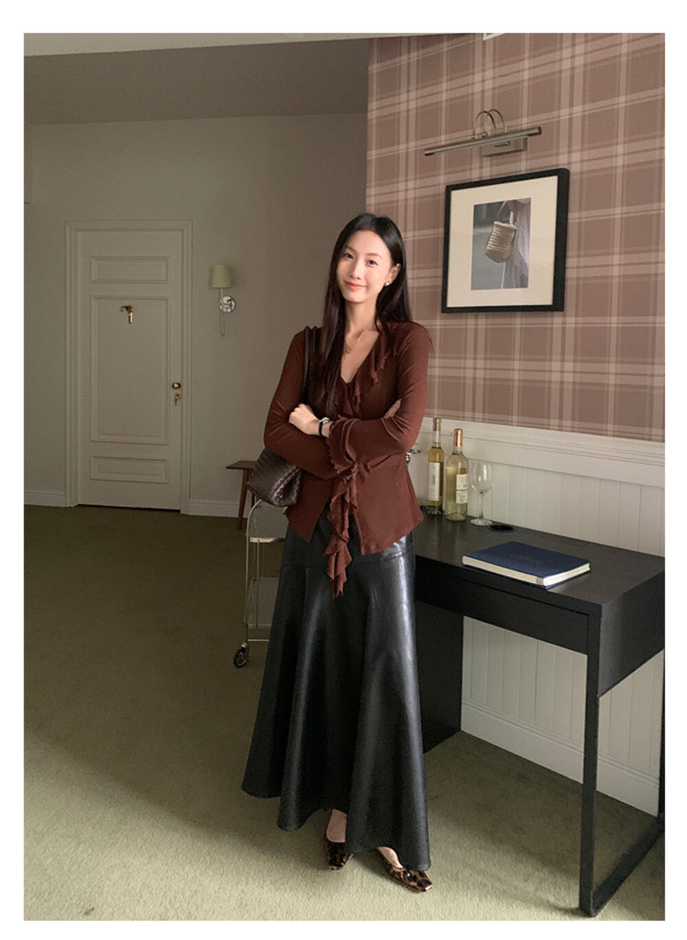 AIXILI V-Neck Asymmetrical Ruffle Sheer Knit Top