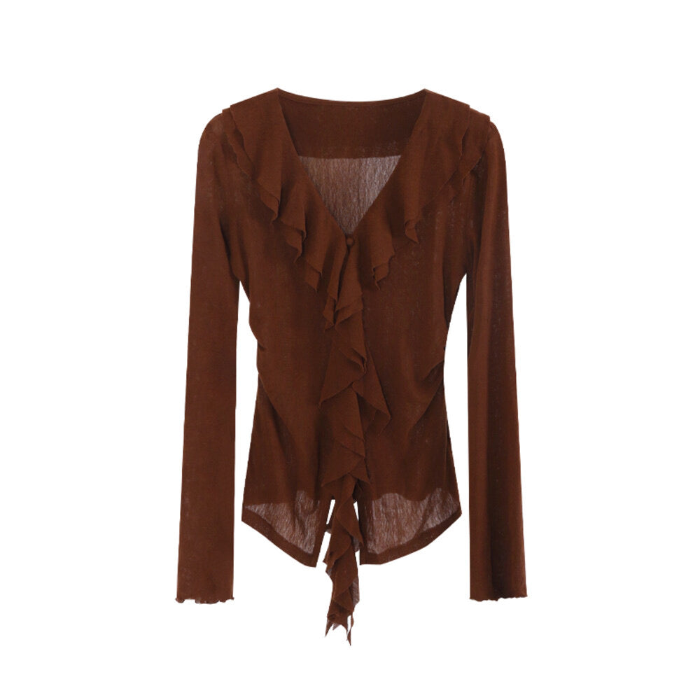 AIXILI V-Neck Asymmetrical Ruffle Sheer Knit Top
