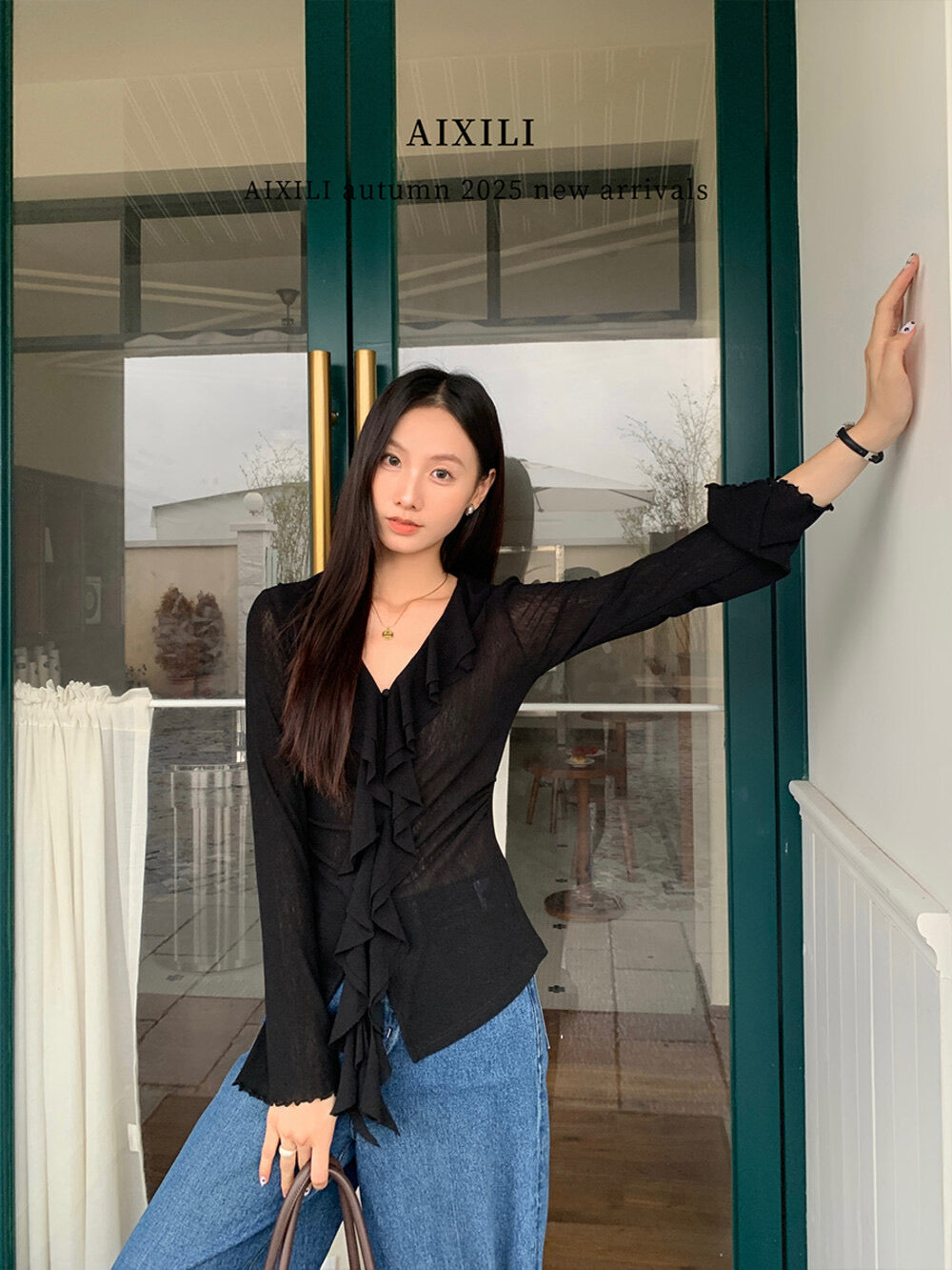 AIXILI V-Neck Asymmetrical Ruffle Sheer Knit Top