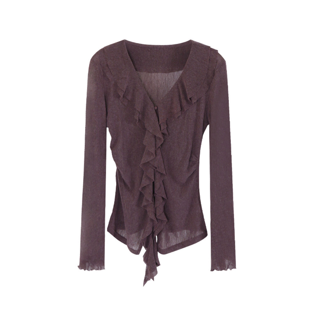 AIXILI V-Neck Asymmetrical Ruffle Sheer Knit Top