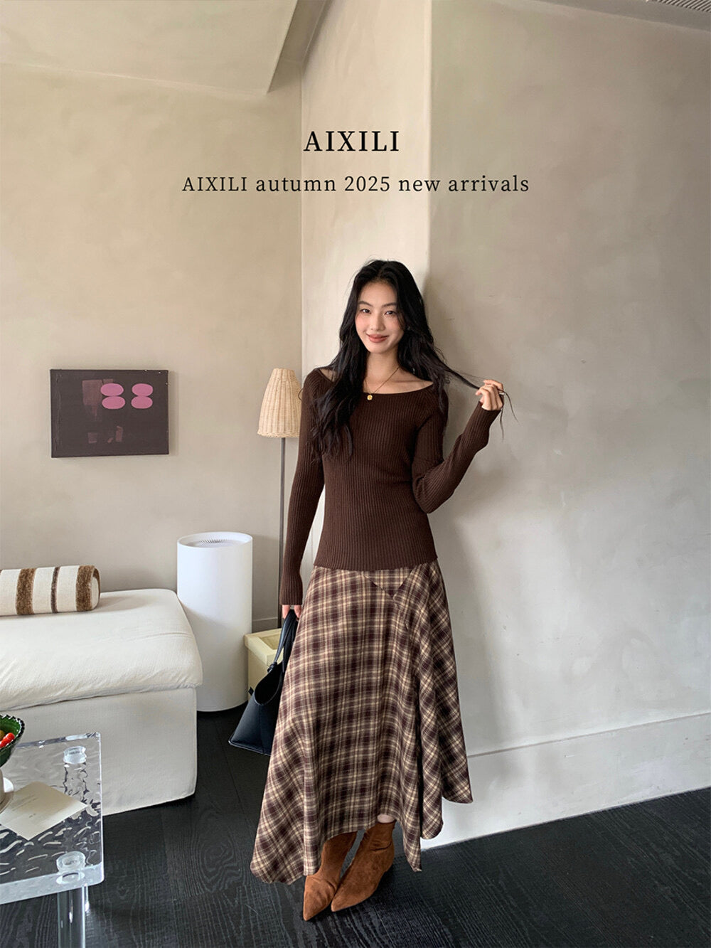 AIXILI Vintage Plaid Asymmetrical Patchwork A-Line Skirt