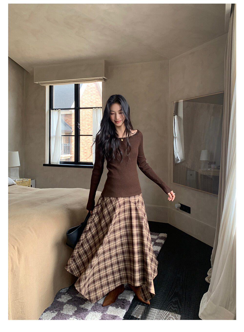 AIXILI Vintage Plaid Asymmetrical Patchwork A-Line Skirt