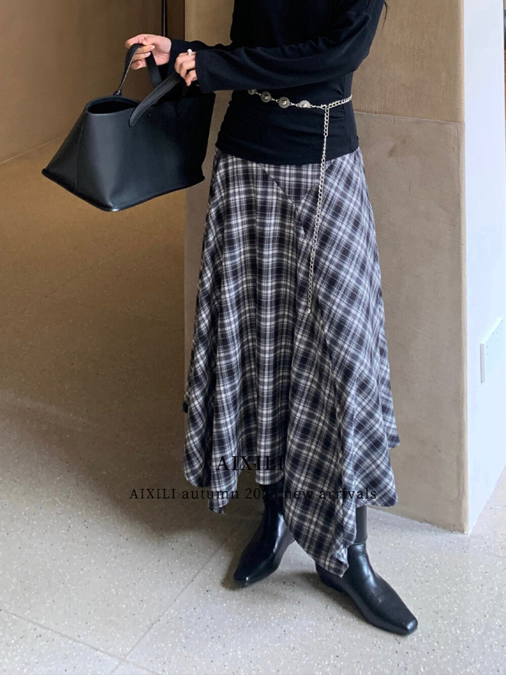 AIXILI Vintage Plaid Asymmetrical Patchwork A-Line Skirt
