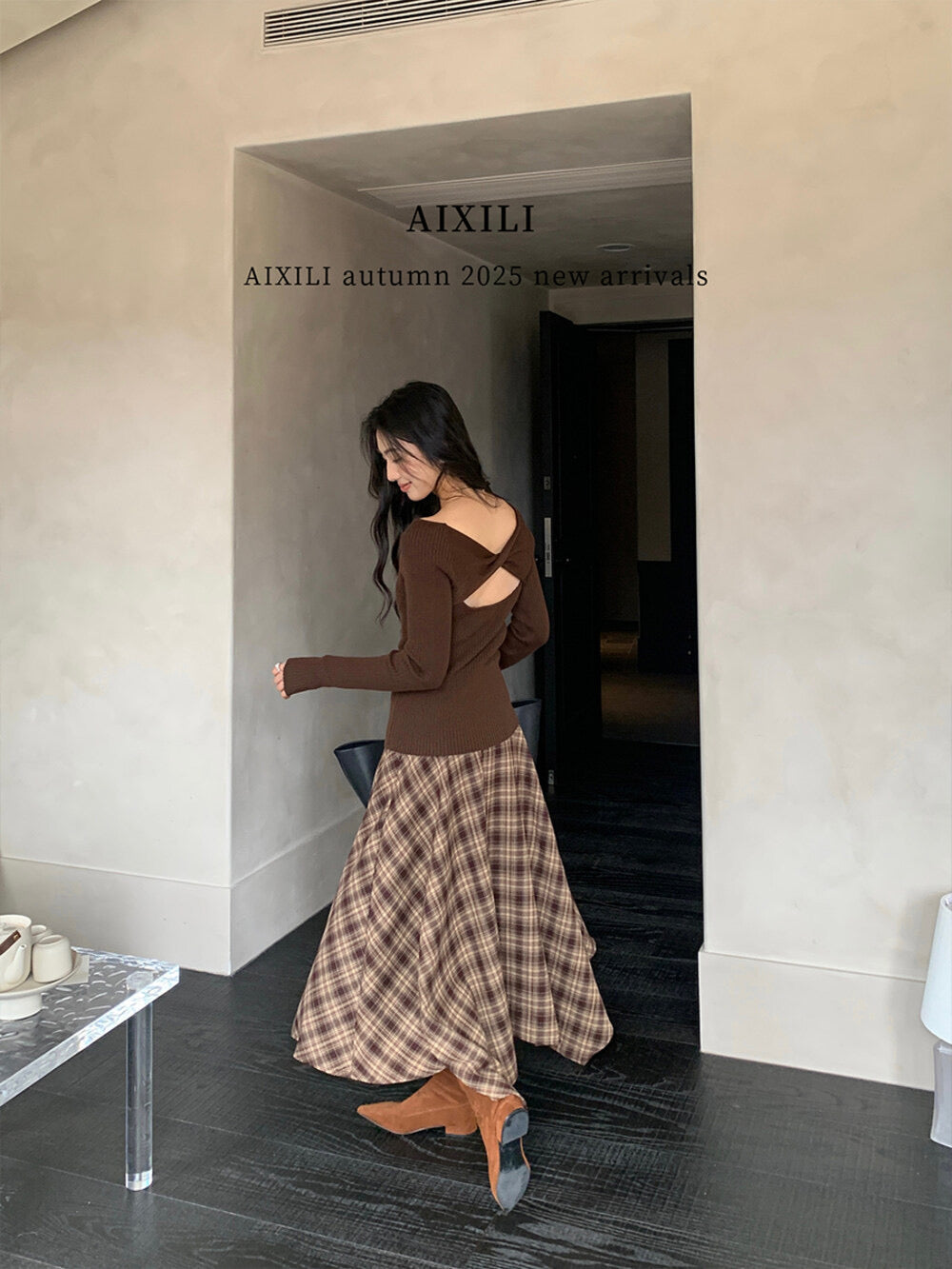 AIXILI Vintage Plaid Asymmetrical Patchwork A-Line Skirt