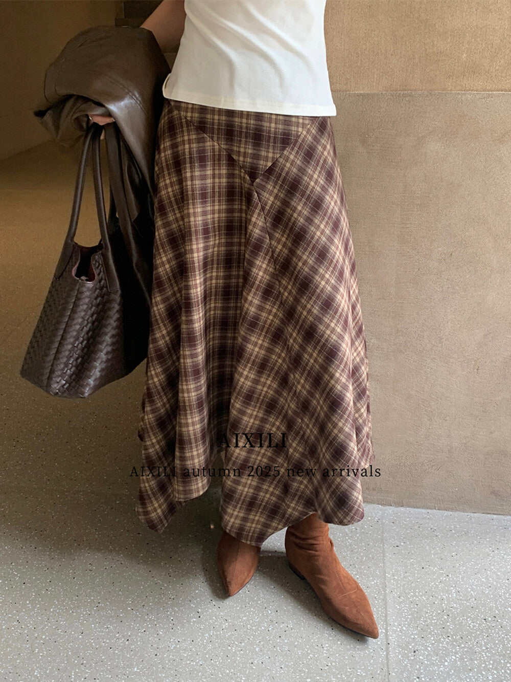 AIXILI Vintage Plaid Asymmetrical Patchwork A-Line Skirt