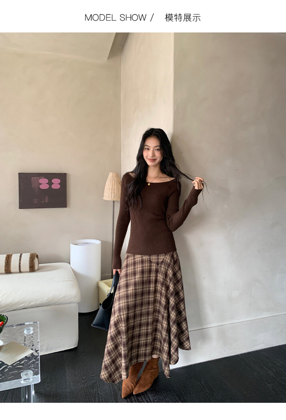 AIXILI Vintage Plaid Asymmetrical Patchwork A-Line Skirt