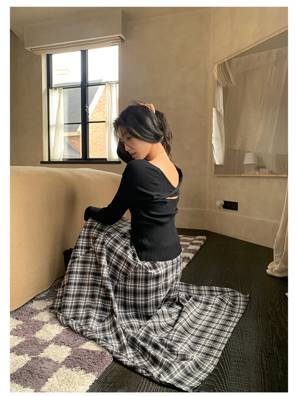AIXILI Vintage Plaid Asymmetrical Patchwork A-Line Skirt