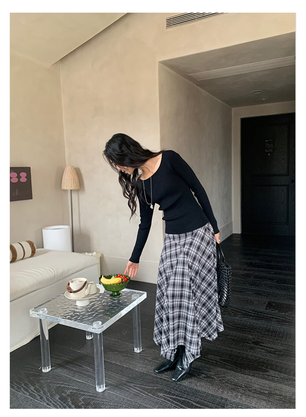 AIXILI Vintage Plaid Asymmetrical Patchwork A-Line Skirt