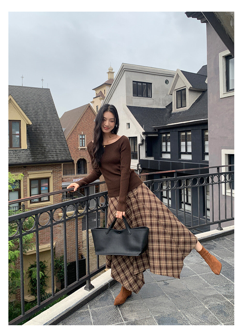 AIXILI Vintage Plaid Asymmetrical Patchwork A-Line Skirt