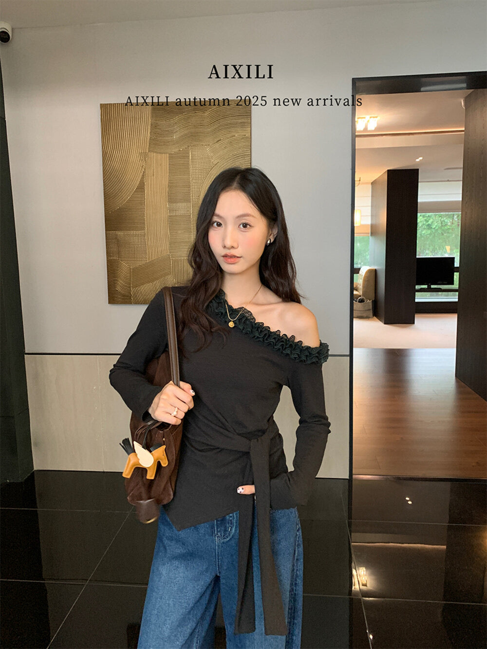 AIXILI Asymmetrical Lace Panel Waist-Tie Knit Top