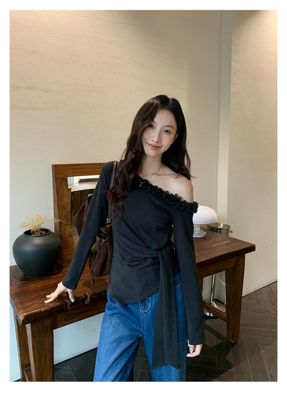 AIXILI Asymmetrical Lace Panel Waist-Tie Knit Top