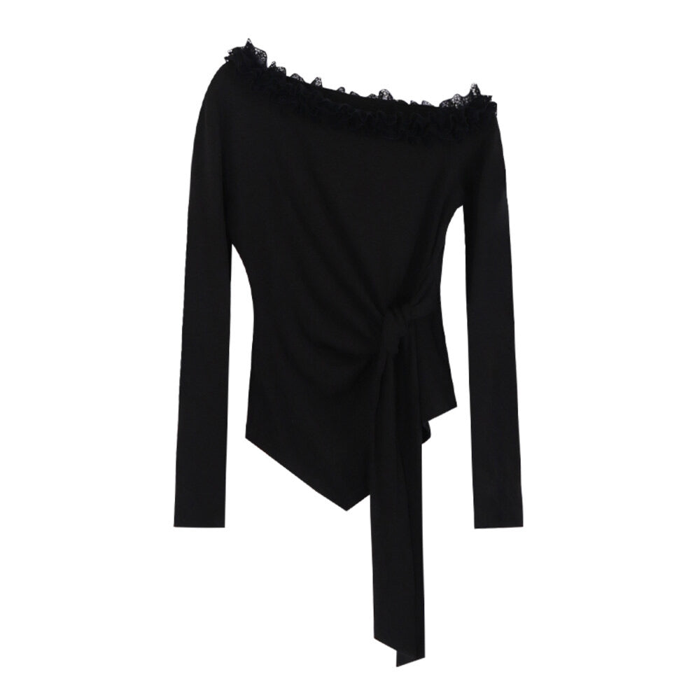 AIXILI Asymmetrical Lace Panel Waist-Tie Knit Top