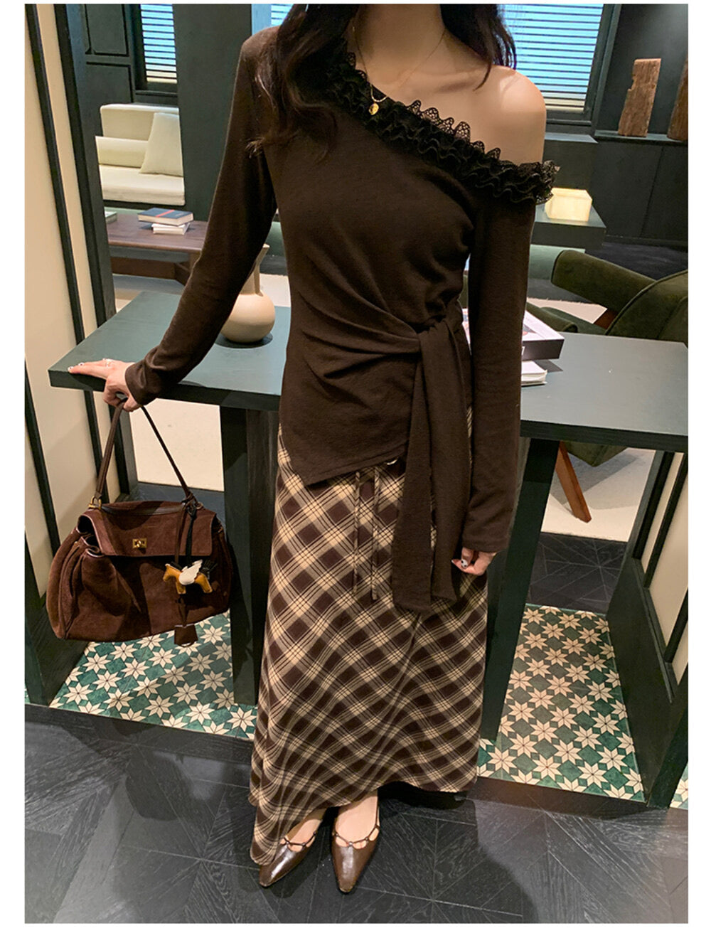 AIXILI Asymmetrical Lace Panel Waist-Tie Knit Top