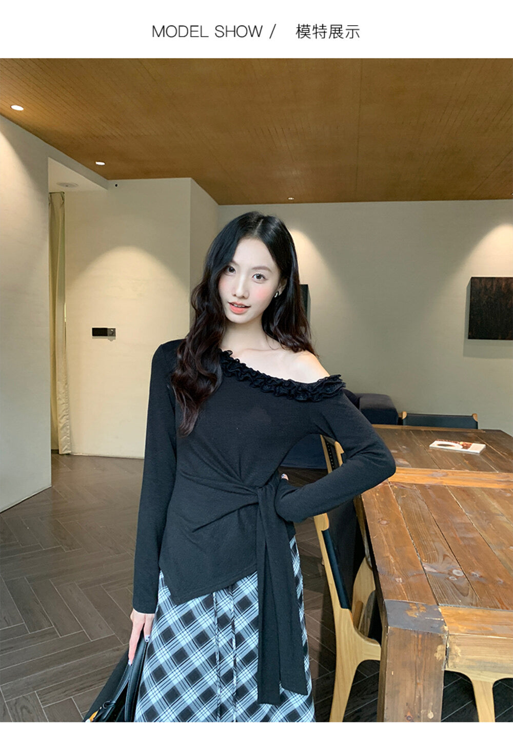 AIXILI Asymmetrical Lace Panel Waist-Tie Knit Top