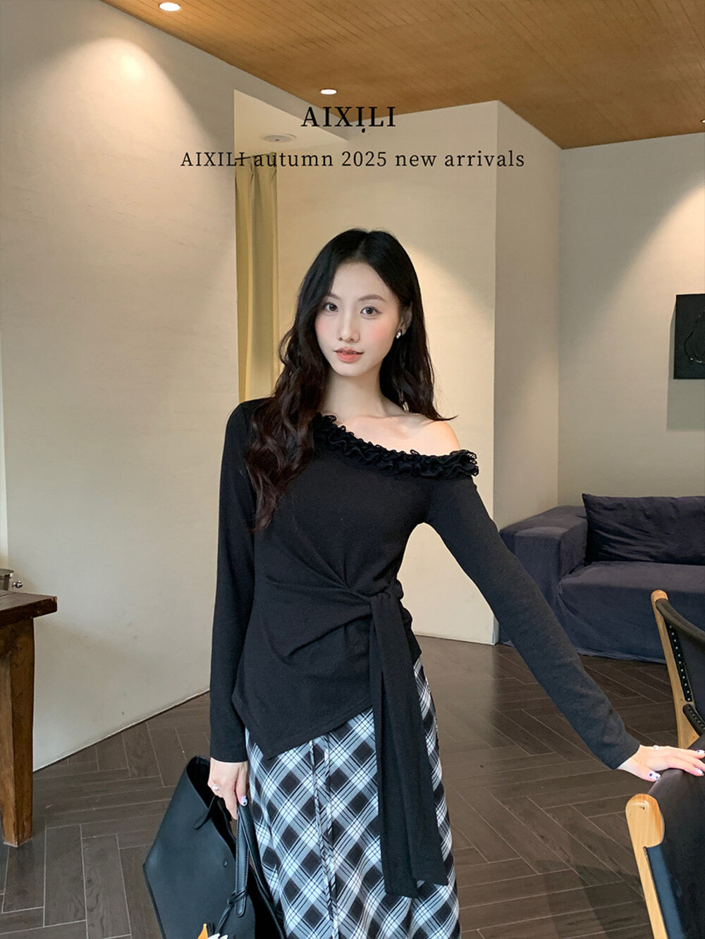 AIXILI Asymmetrical Lace Panel Waist-Tie Knit Top