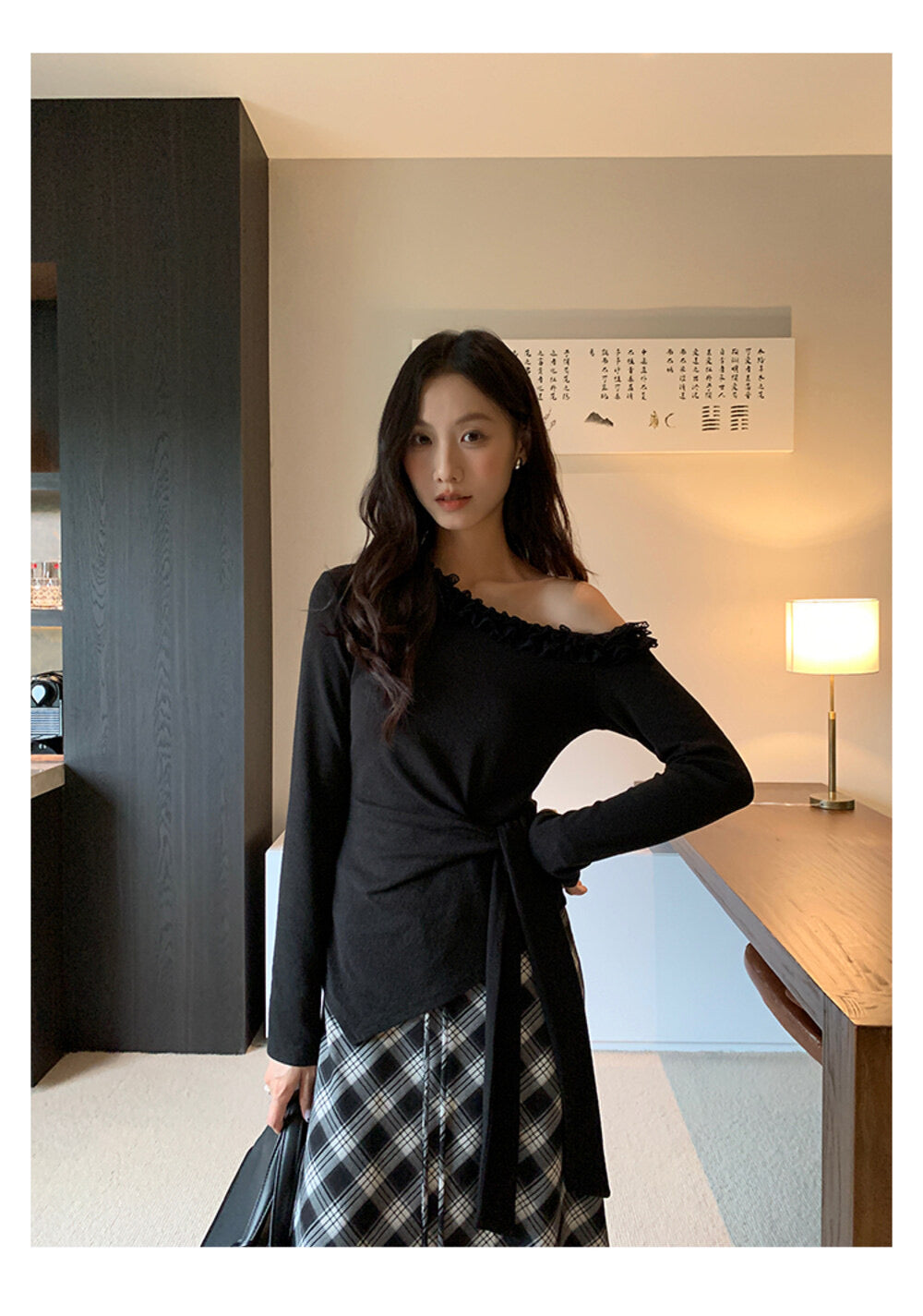 AIXILI Asymmetrical Lace Panel Waist-Tie Knit Top