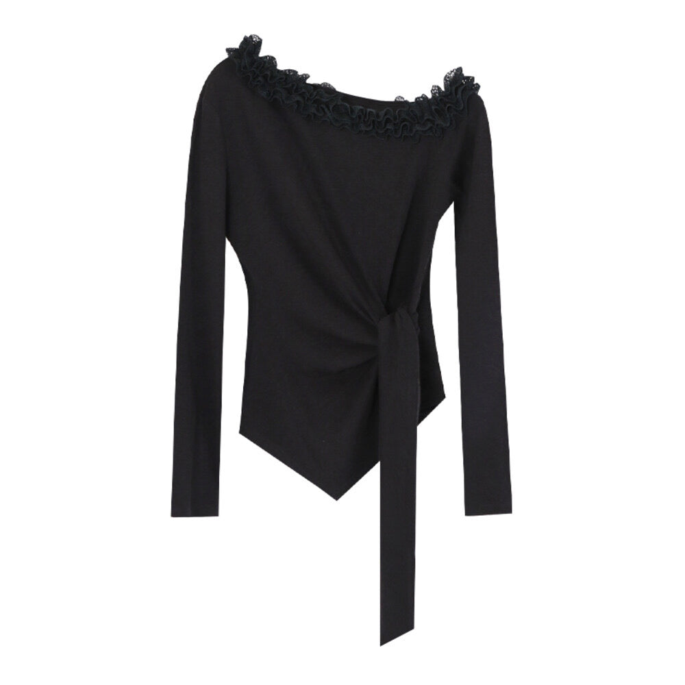 AIXILI Asymmetrical Lace Panel Waist-Tie Knit Top