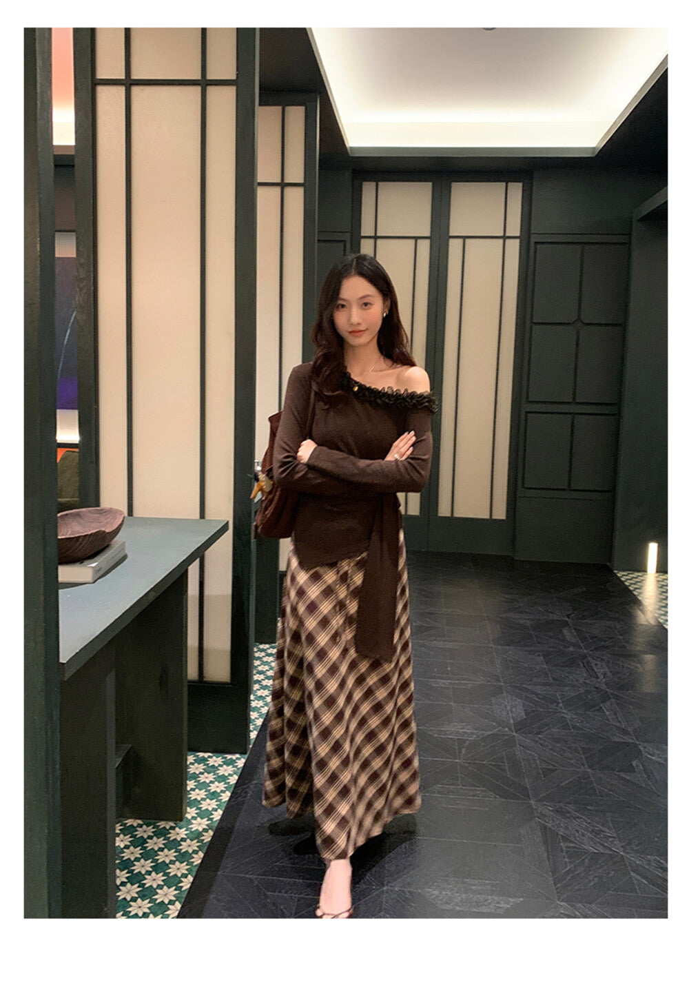 AIXILI Asymmetrical Lace Panel Waist-Tie Knit Top