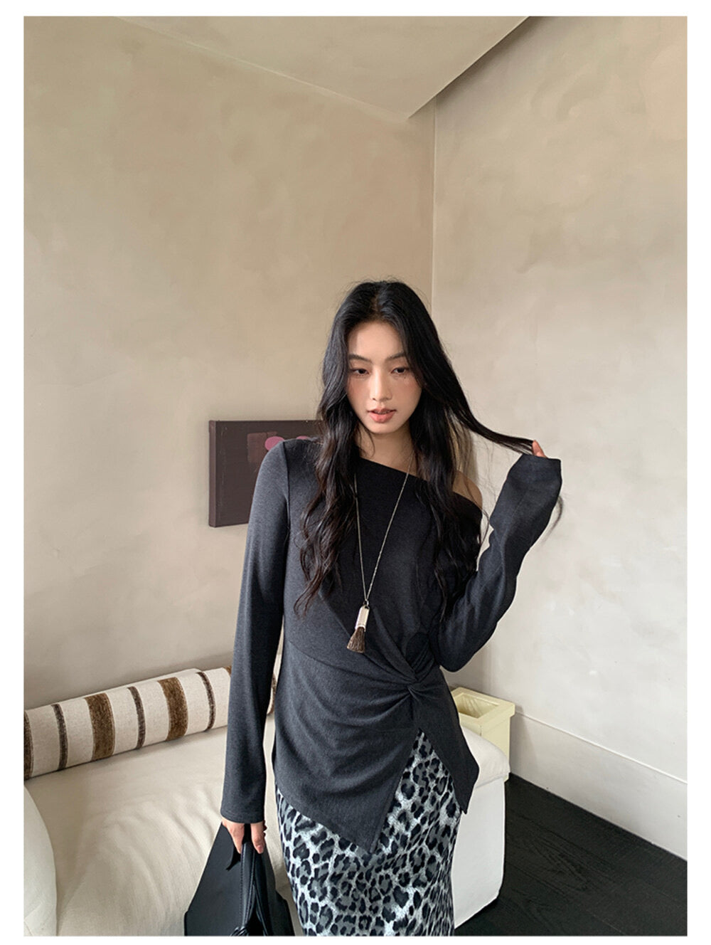 AIXILI Twist-Front Slim-Fit Knit Long Sleeve Top