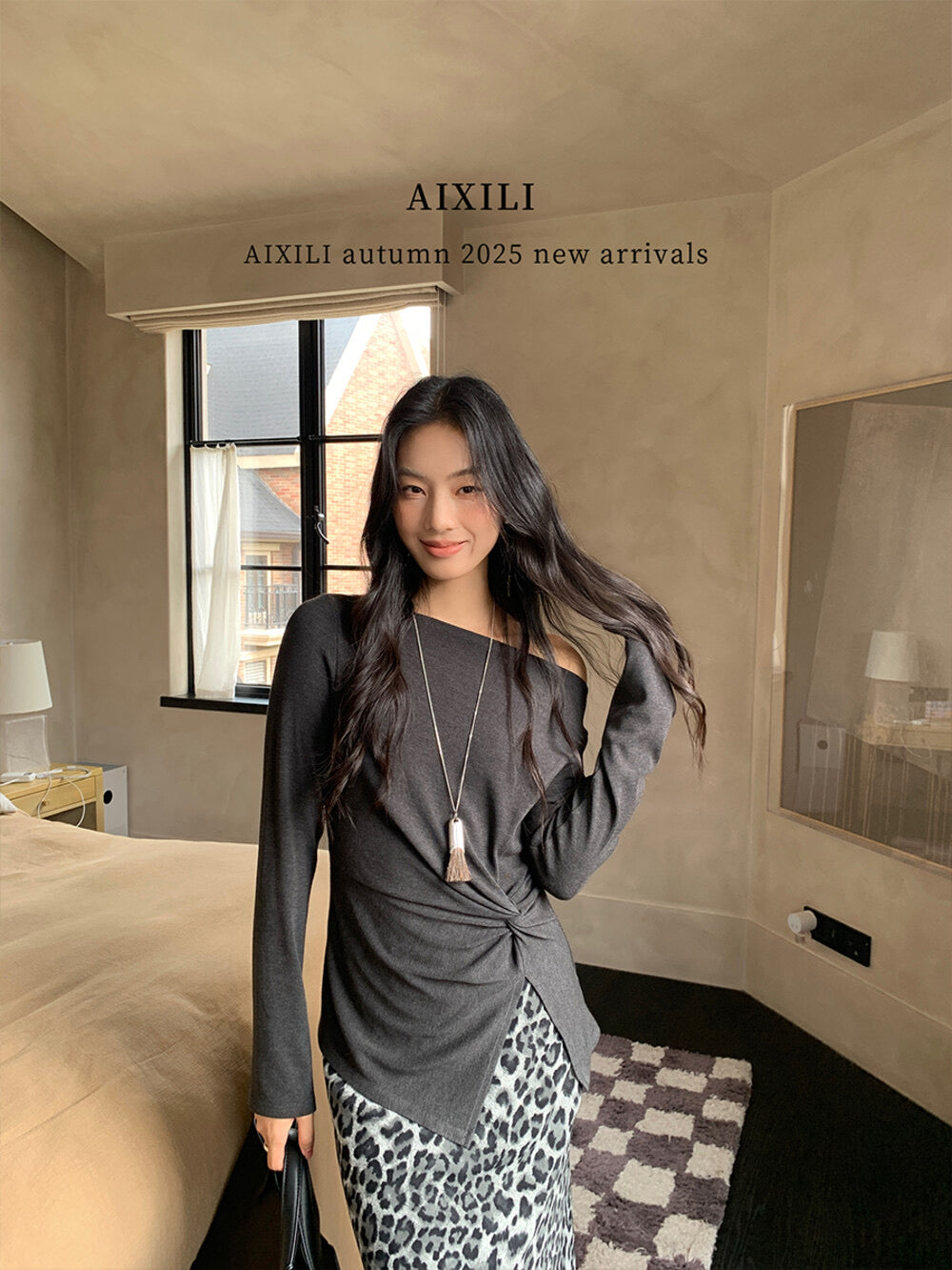 AIXILI Twist-Front Slim-Fit Knit Long Sleeve Top