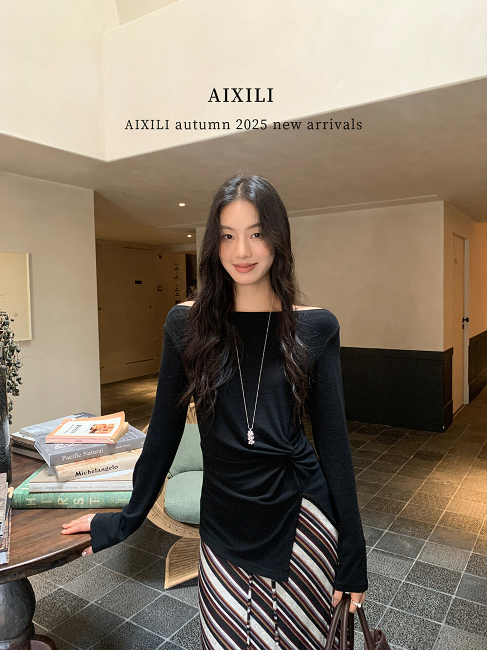 AIXILI Twist-Front Slim-Fit Knit Long Sleeve Top