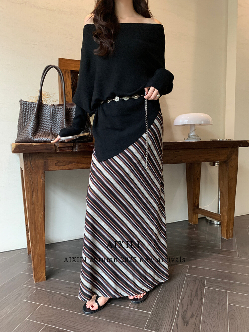 AIXILI Striped Drape High-Waist Maxi Skirt