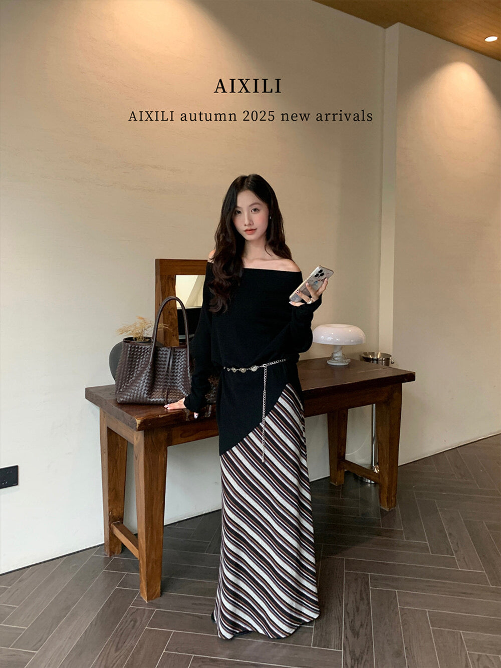 AIXILI Striped Drape High-Waist Maxi Skirt